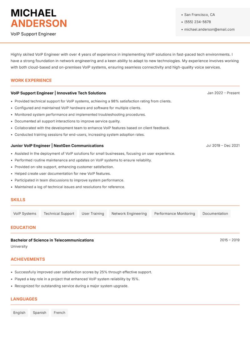 VoIP Engineer resume template — Modern Professional