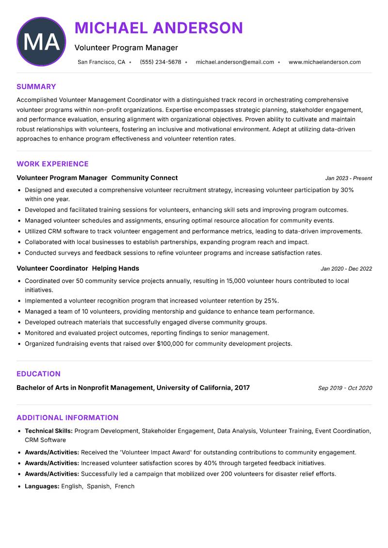 Volunteer Management Coordinator resume example — ATS-friendly template