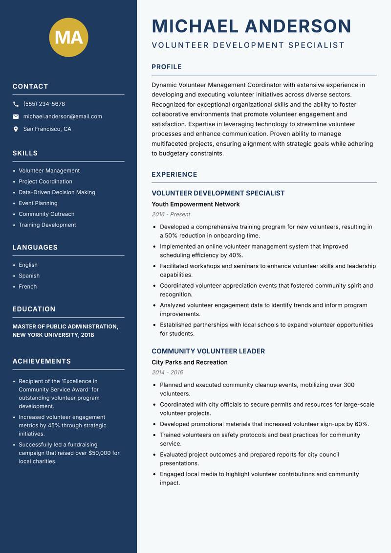 Volunteer Management Coordinator resume template — Classic Clean