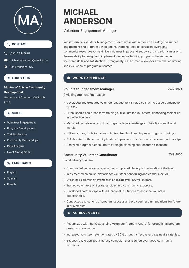 Volunteer Management Coordinator resume template — Compact