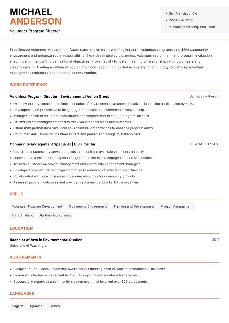 Volunteer Management Coordinator resume template — Modern Professional