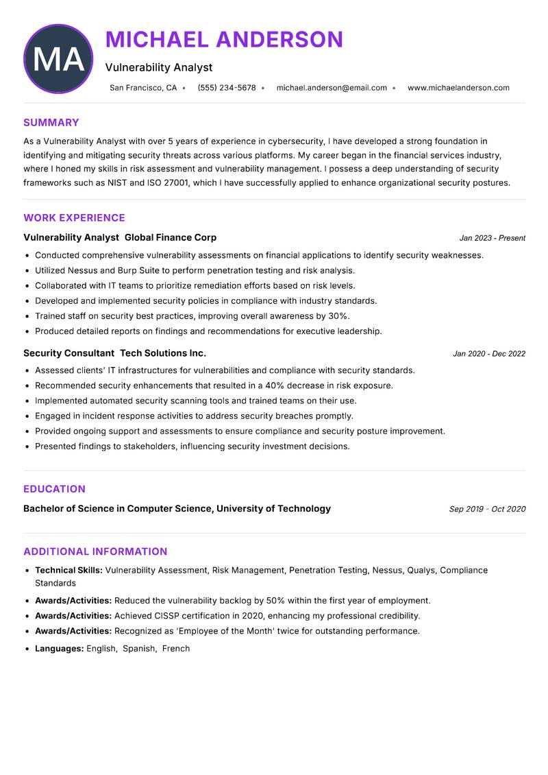 Vulnerability Analyst resume example — ATS-friendly template