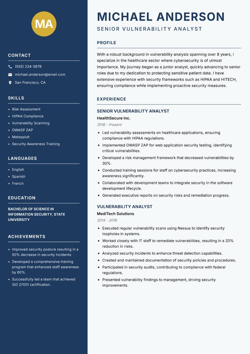 Vulnerability Analyst resume template — Classic Clean