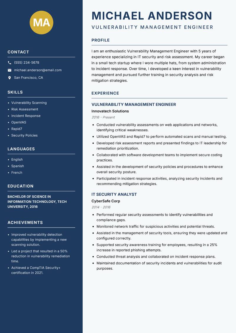 Vulnerability Management Engineer resume template — Classic Clean