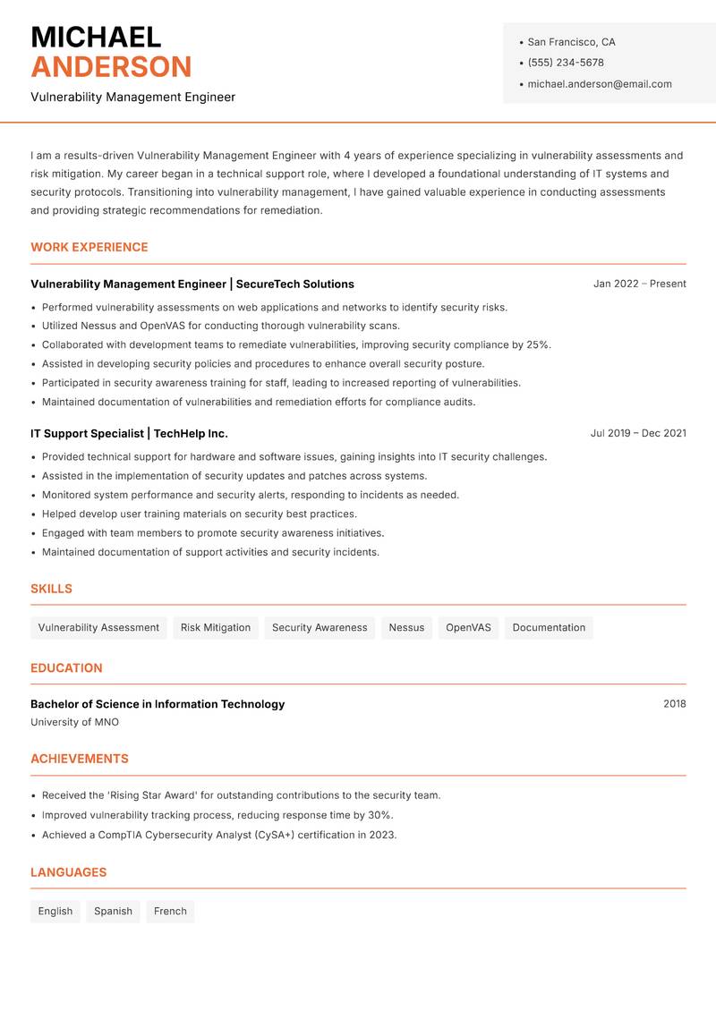 Vulnerability Management Engineer resume template — Modern Professional