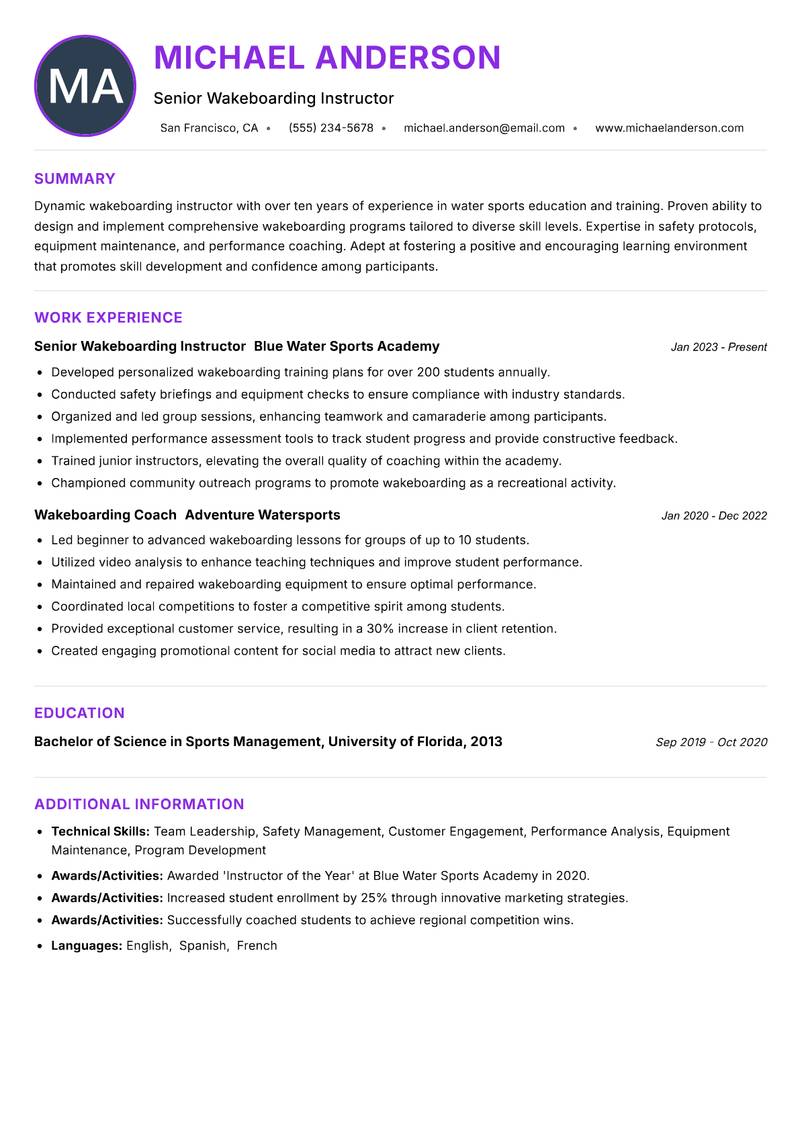 Wakeboarding Instructor resume example — ATS-friendly template