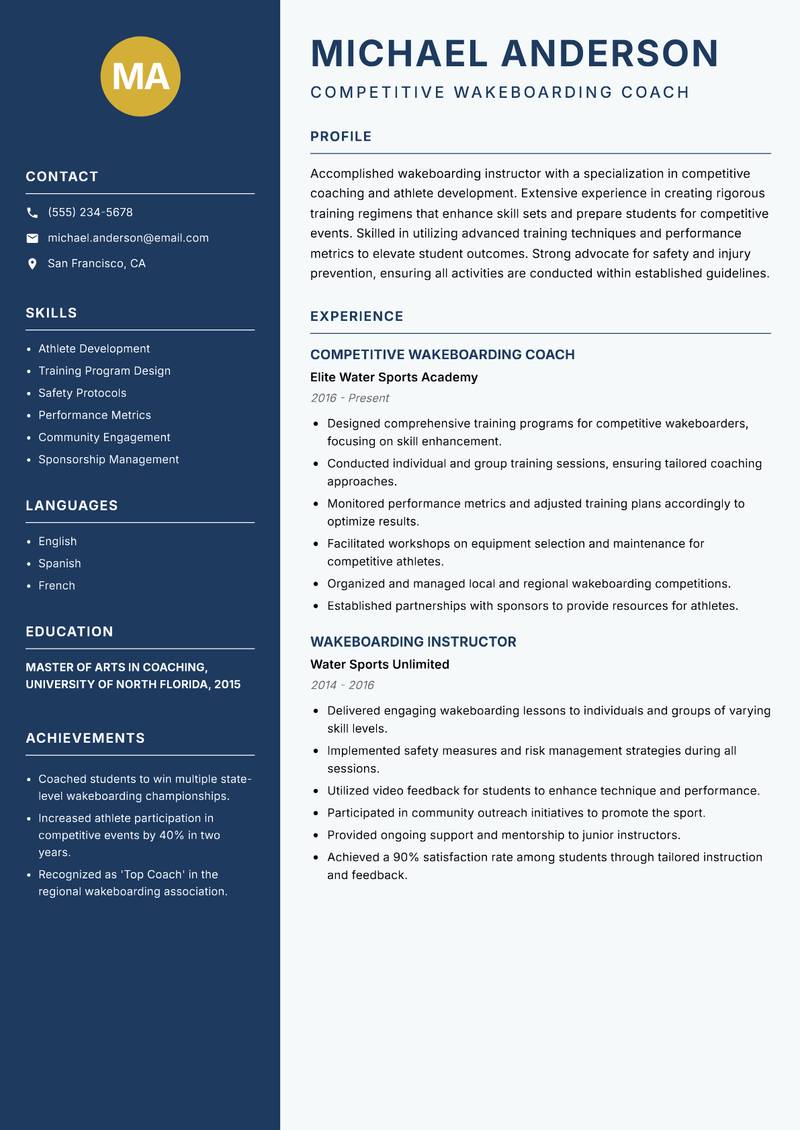 Wakeboarding Instructor resume template — Classic Clean