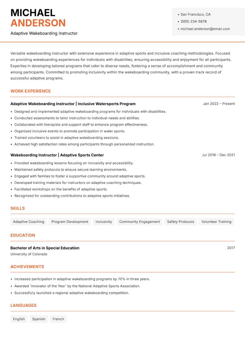 Wakeboarding Instructor resume template — Modern Professional