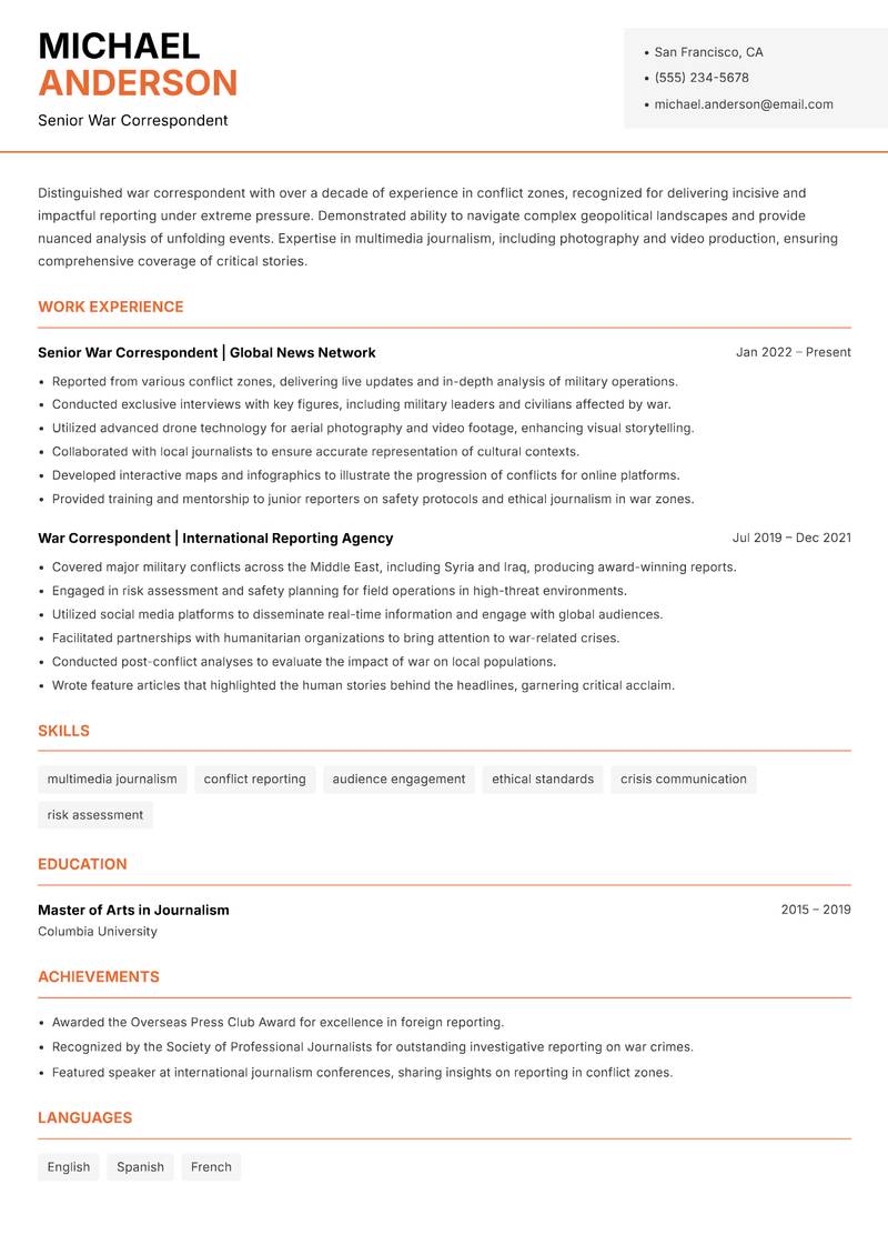 War Correspondent resume template — Modern Professional