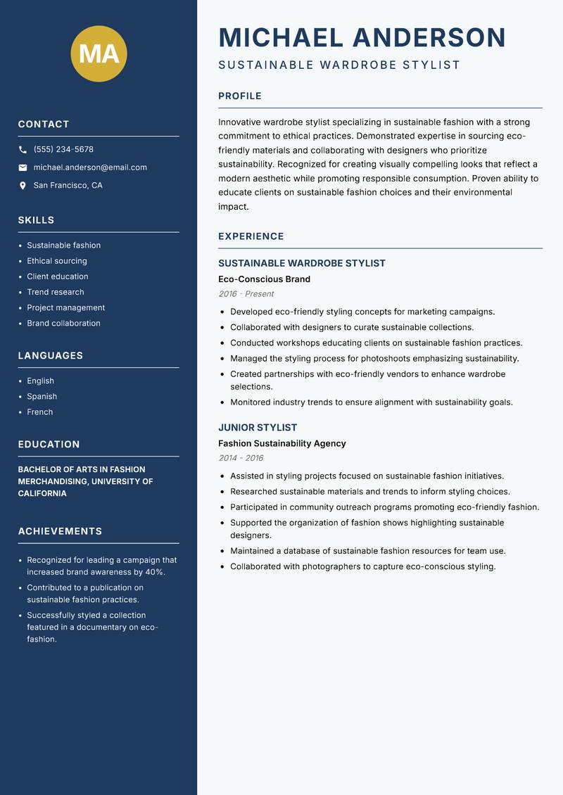 Wardrobe Stylist resume template — Classic Clean