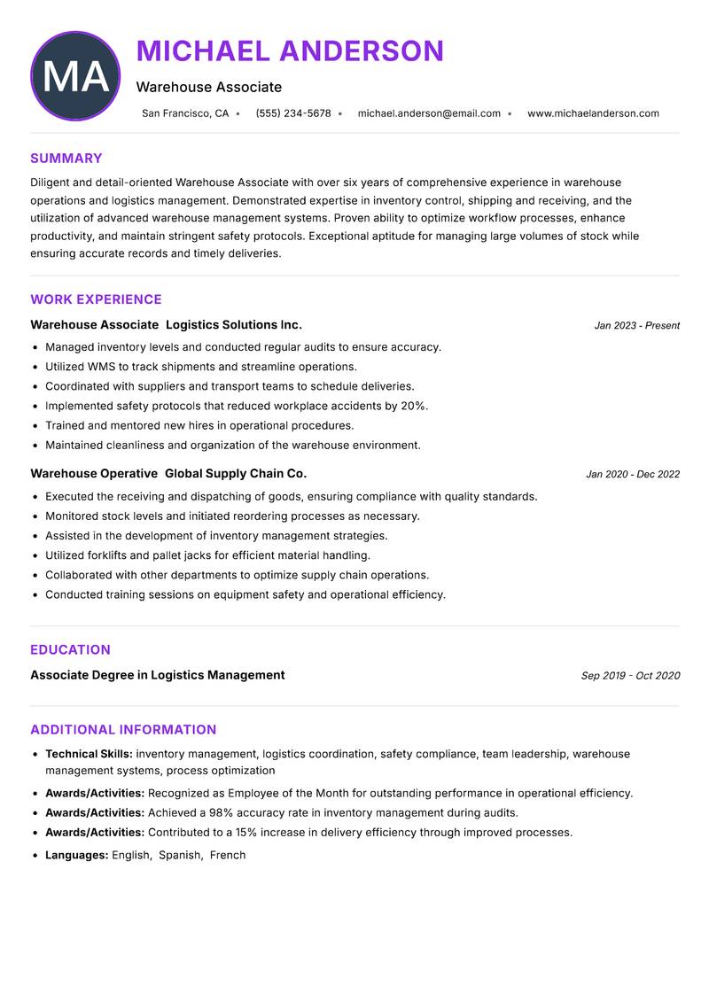Warehouse Associate resume example — ATS-friendly template