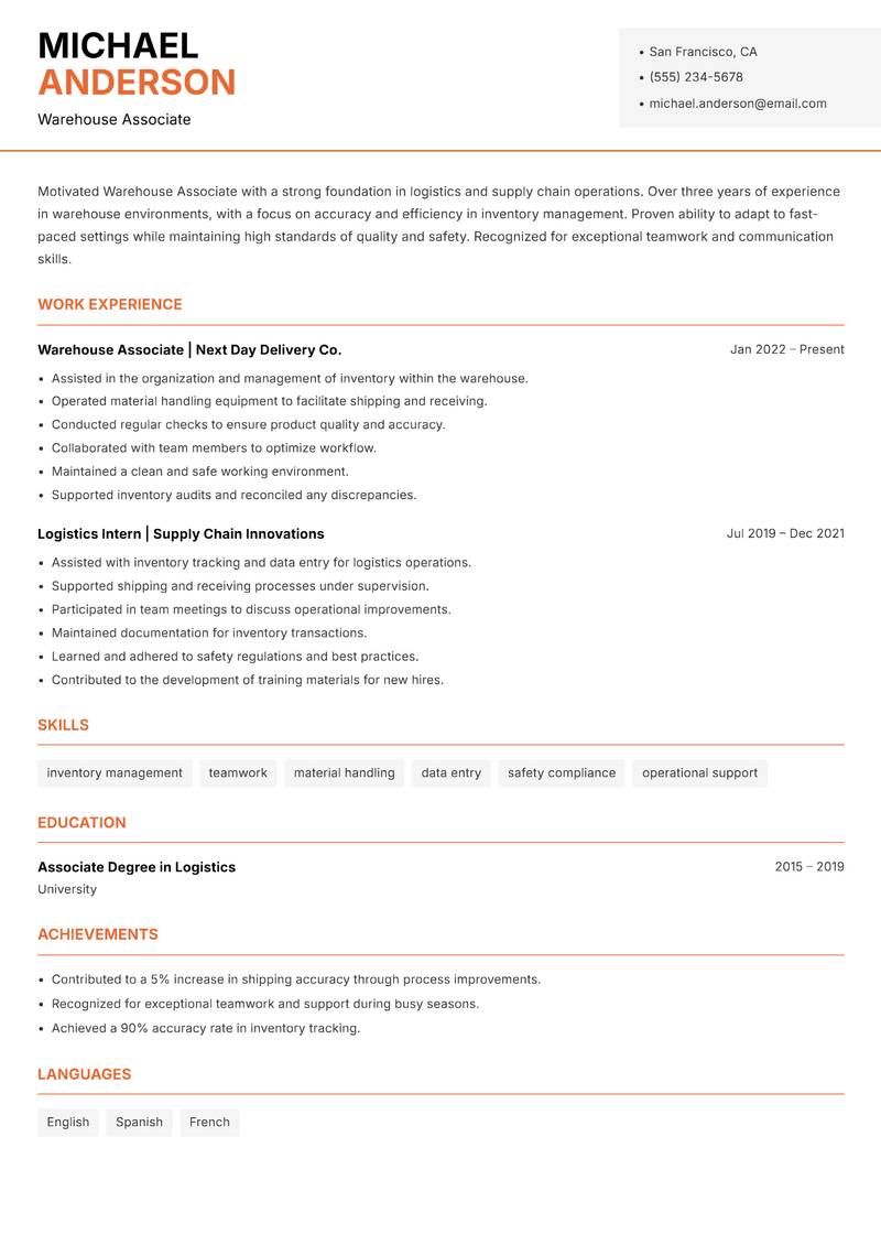 Warehouse Associate resume template — Modern Professional
