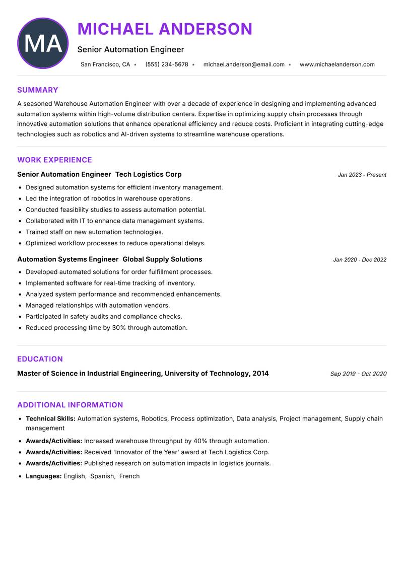 Warehouse Automation Engineer resume example — ATS-friendly template