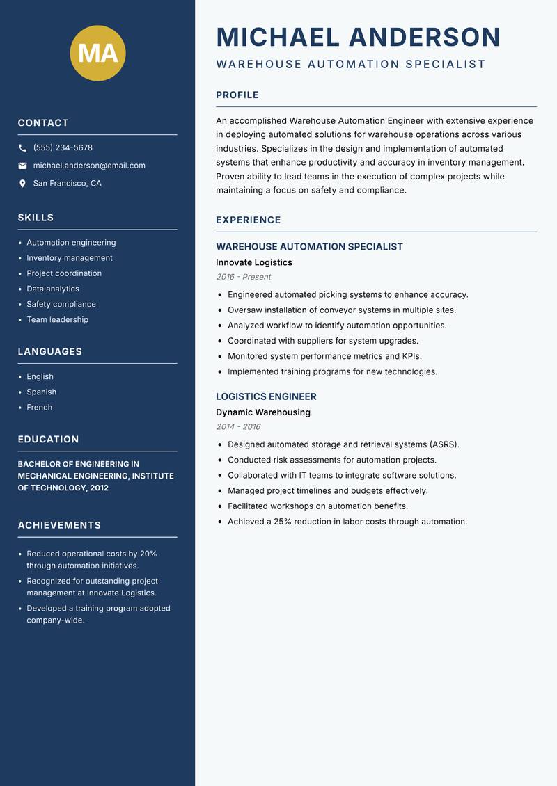 Warehouse Automation Engineer resume template — Classic Clean
