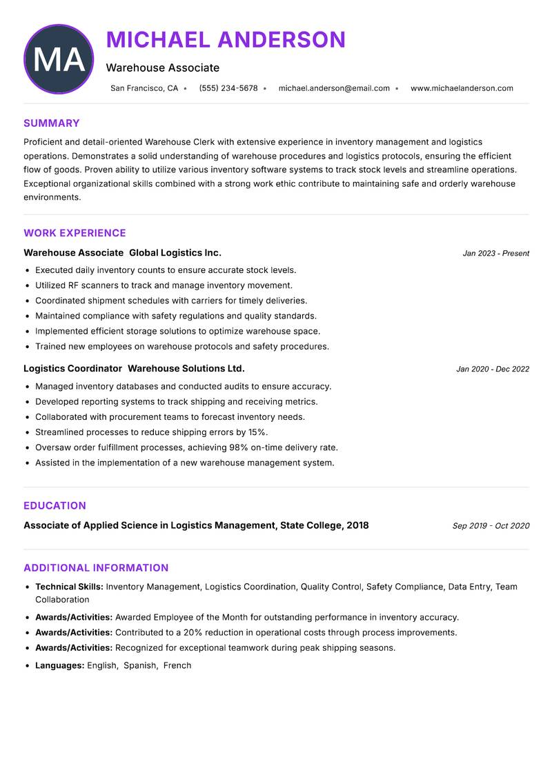 Warehouse Clerk resume example — ATS-friendly template