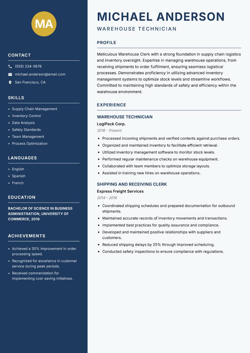 Warehouse Clerk resume template — Classic Clean