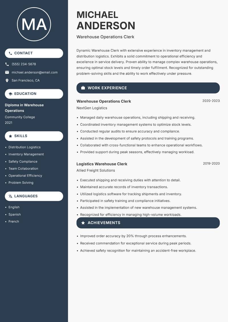 Warehouse Clerk resume template — Compact