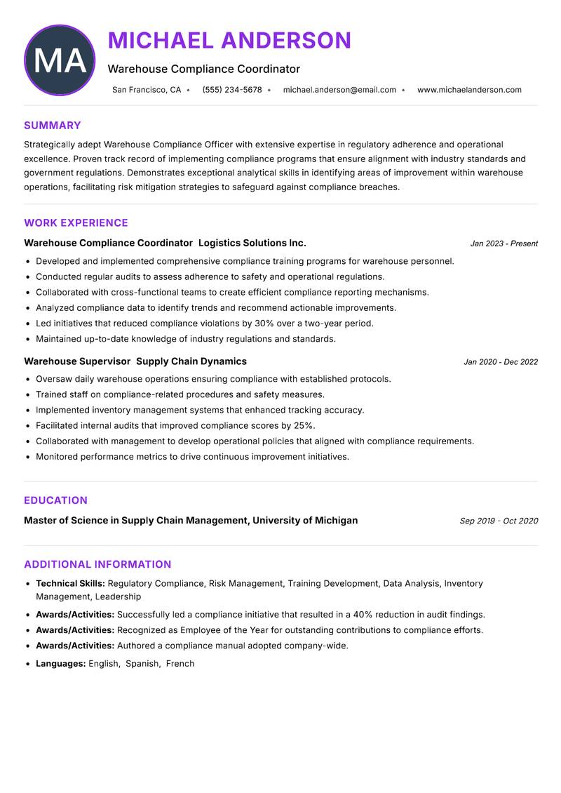 Warehouse Compliance Officer resume example — ATS-friendly template