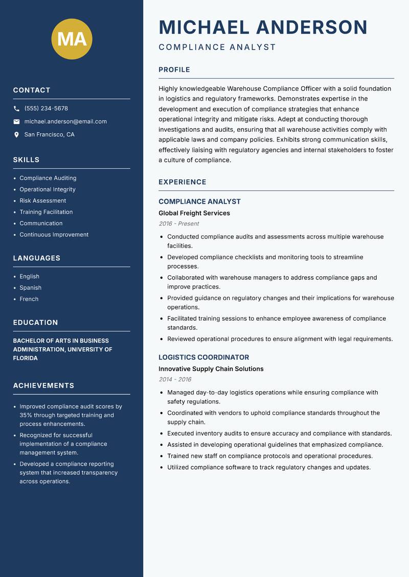 Warehouse Compliance Officer resume template — Classic Clean