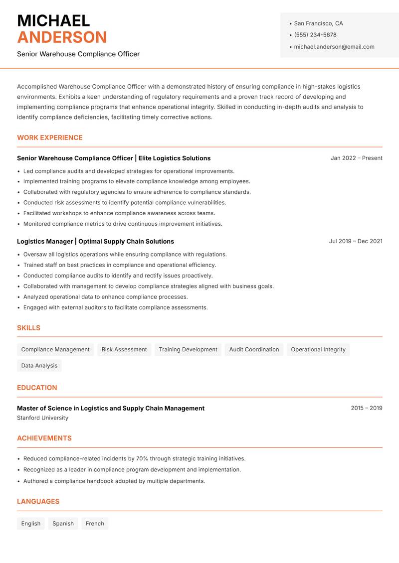Warehouse Compliance Officer resume template — Modern Professional
