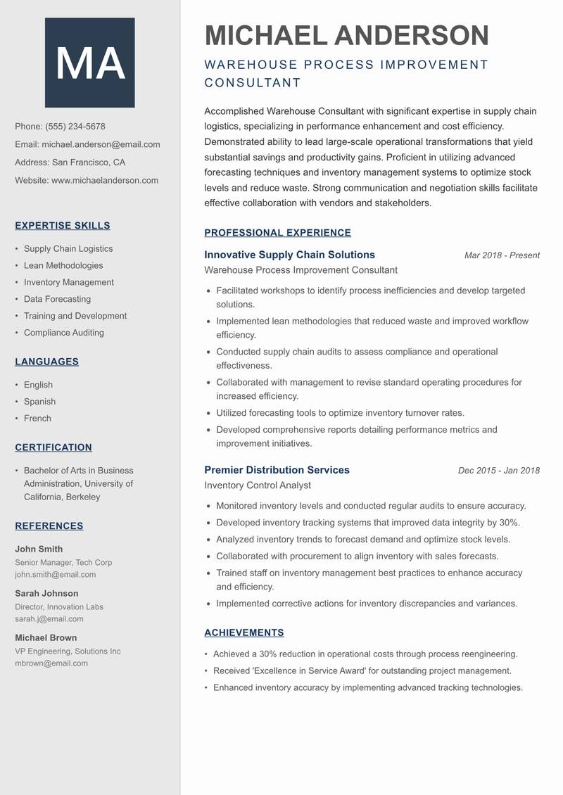 Warehouse Consultant resume template — Creative Minimal