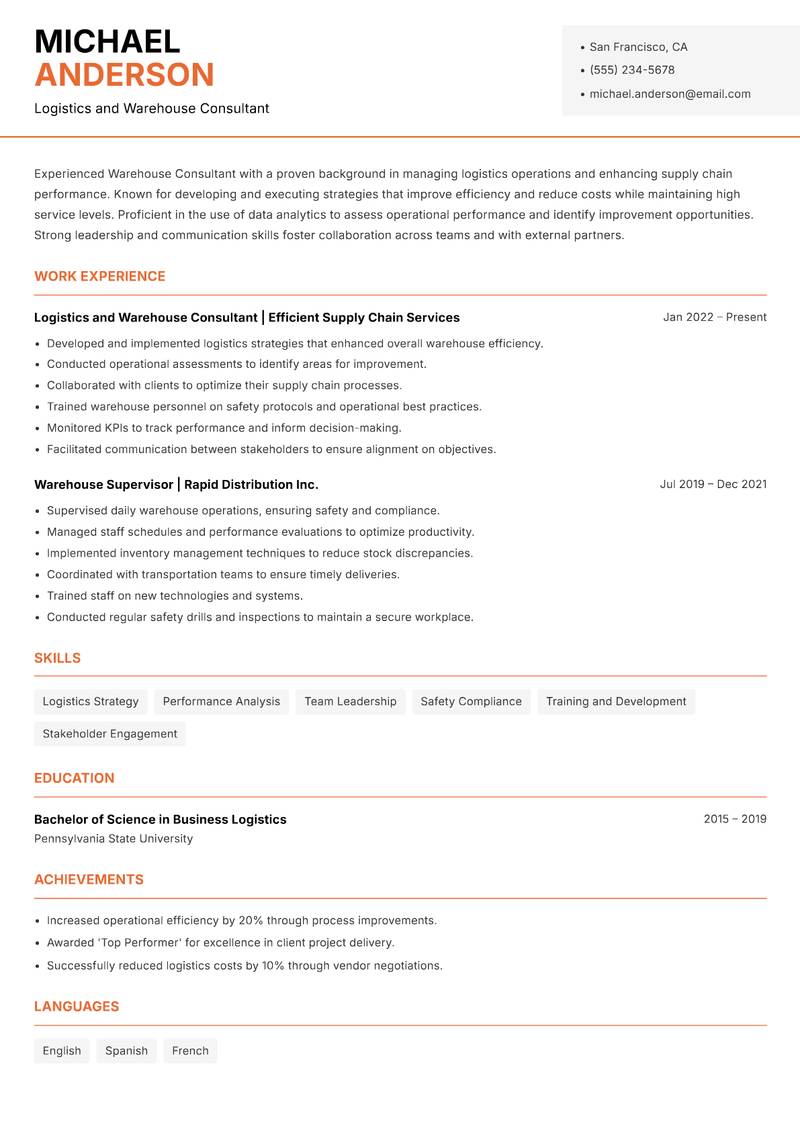 Warehouse Consultant resume template — Modern Professional