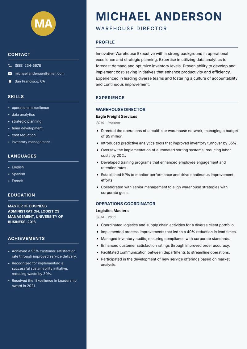 Warehouse Executive resume template — Classic Clean