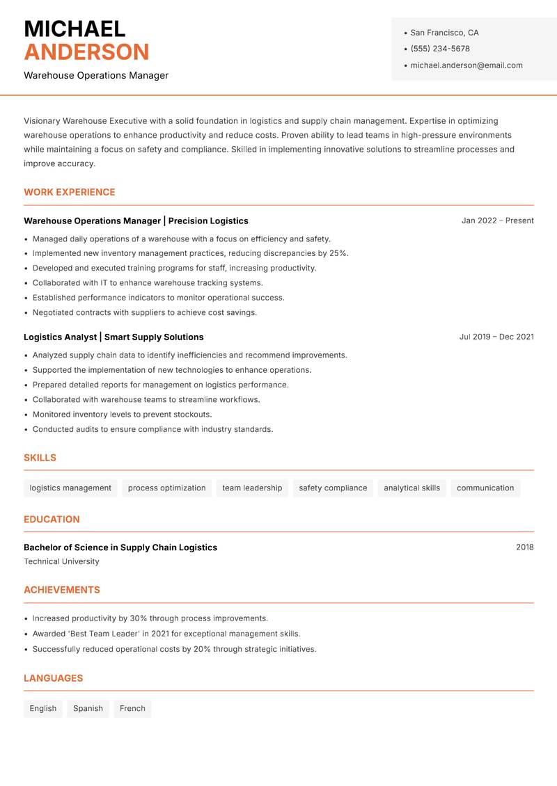 Warehouse Executive resume template — Modern Professional