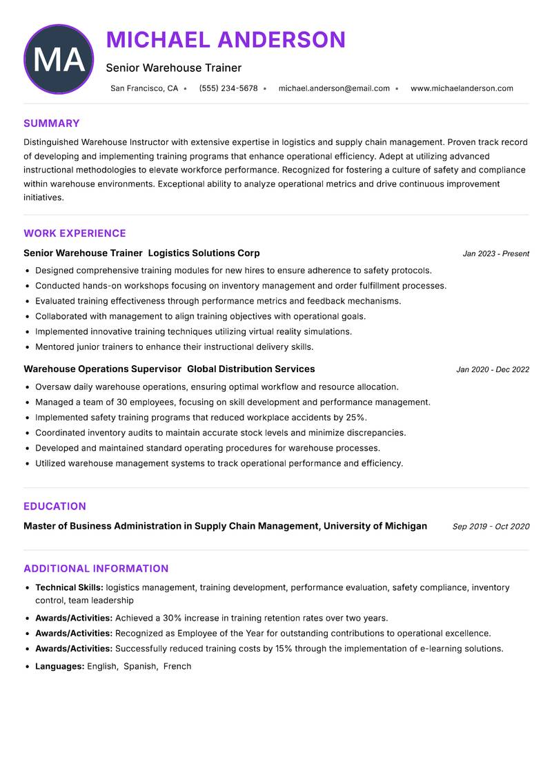 Warehouse Instructor resume example — ATS-friendly template