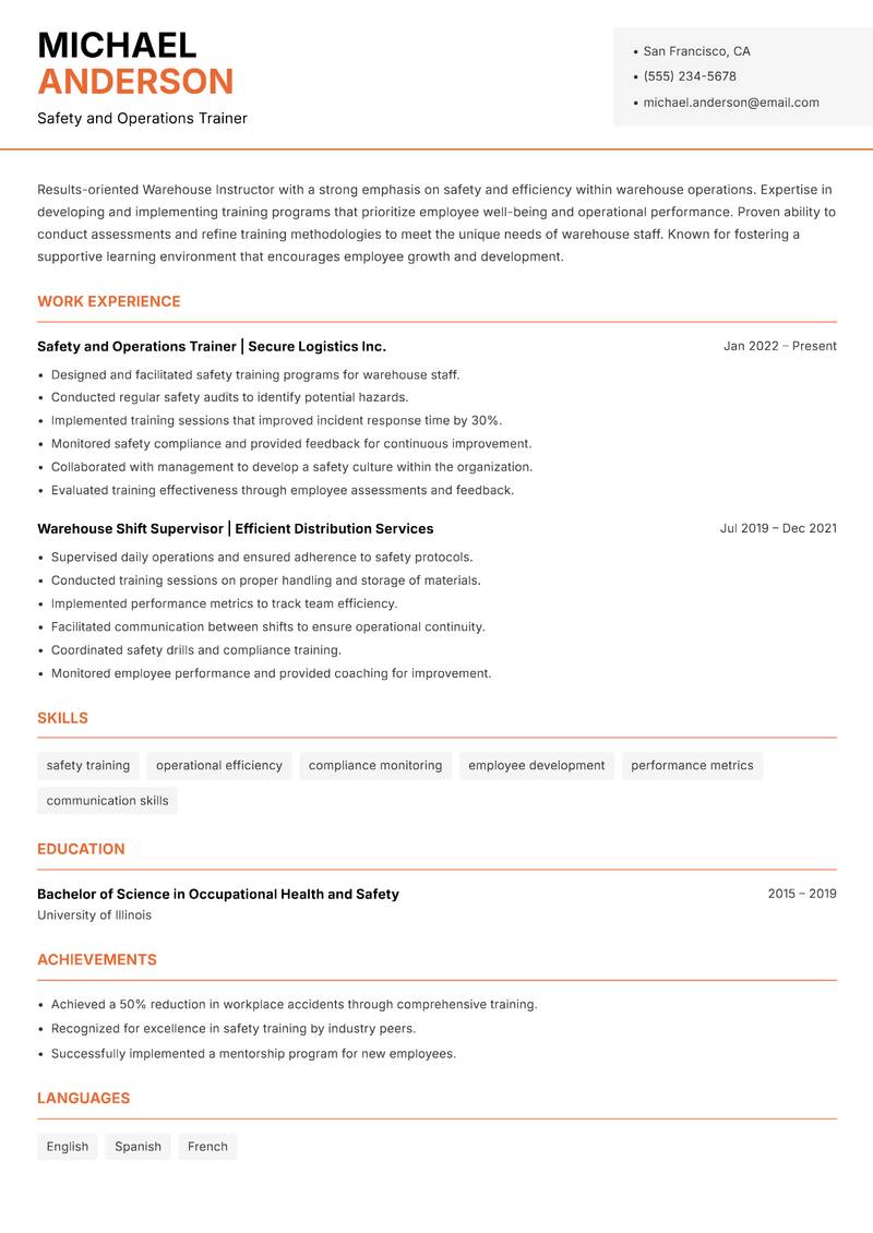 Warehouse Instructor resume template — Modern Professional