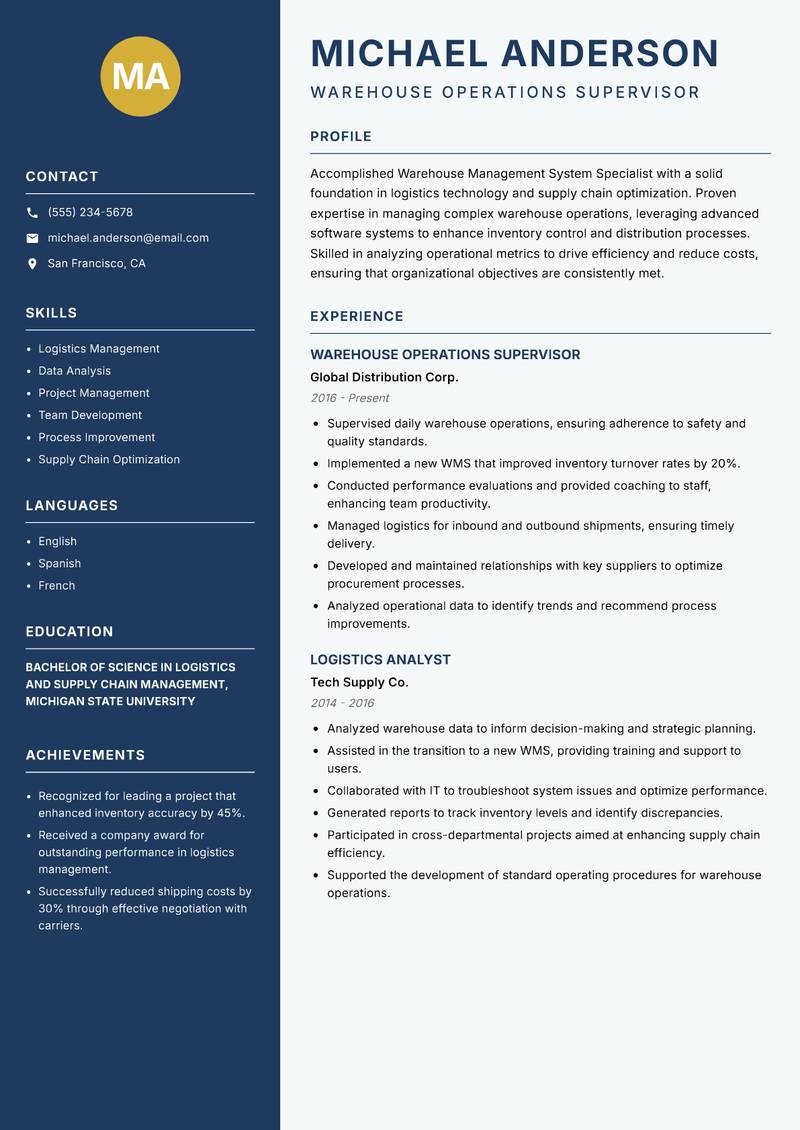 Warehouse Management System Specialist resume template — Classic Clean