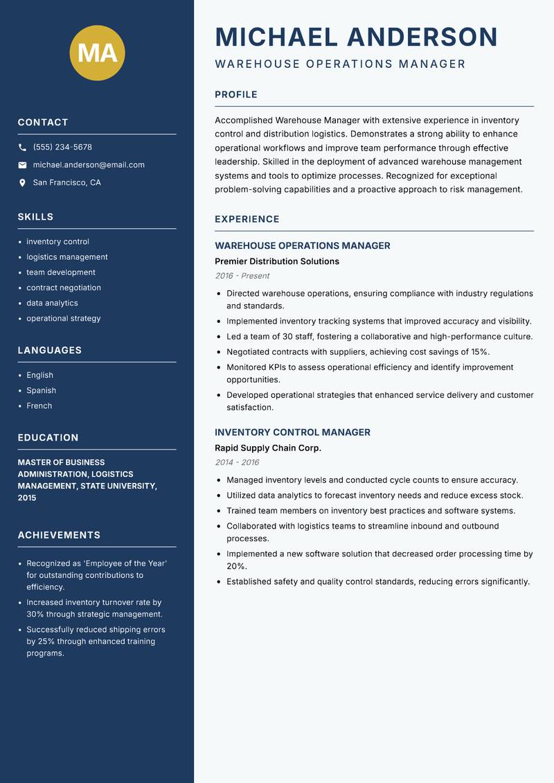 Warehouse Manager resume template — Classic Clean