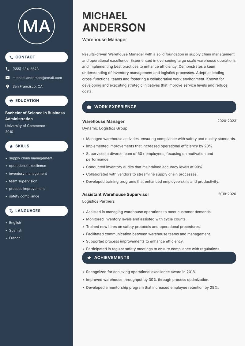 Warehouse Manager resume template — Compact