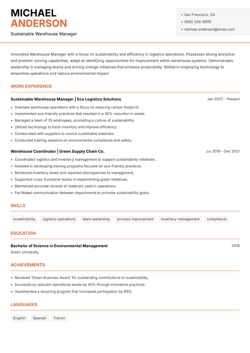 Warehouse Manager resume template — Modern Professional