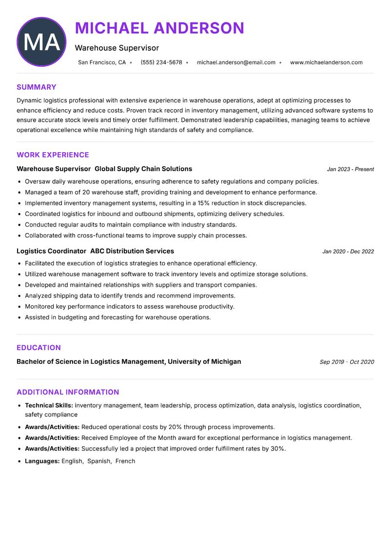 Warehouse Officer resume example — ATS-friendly template