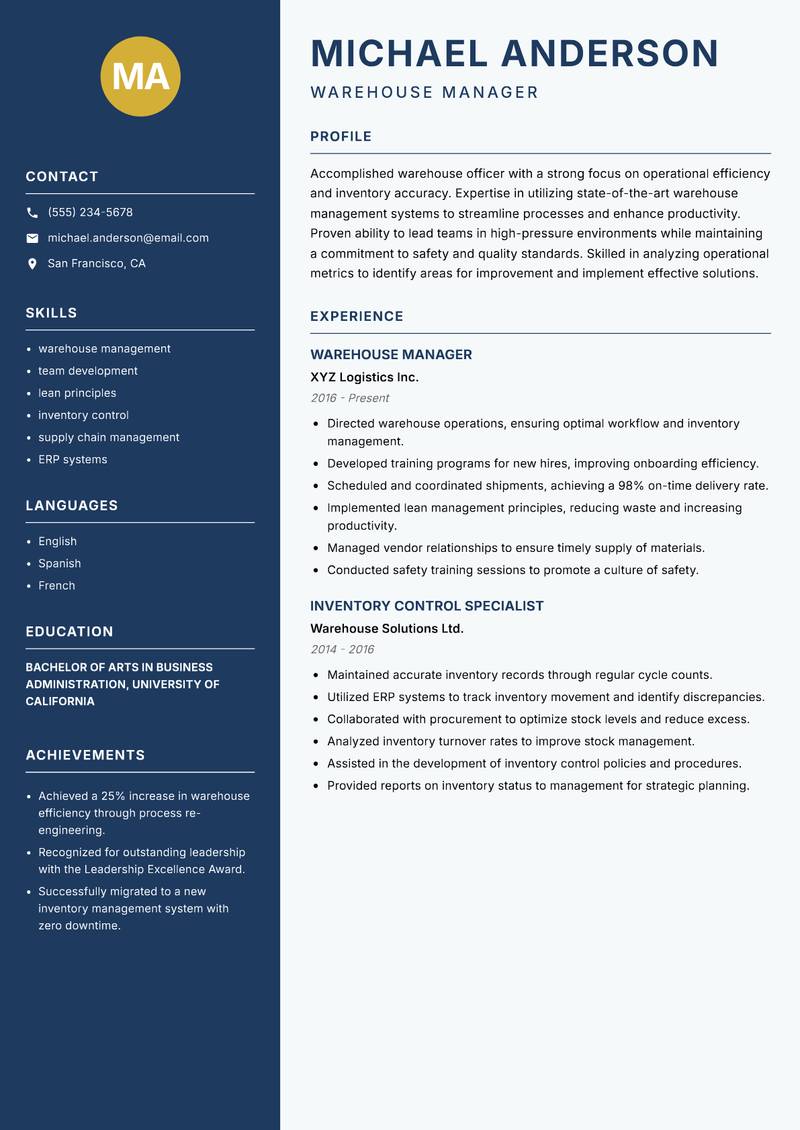 Warehouse Officer resume template — Classic Clean