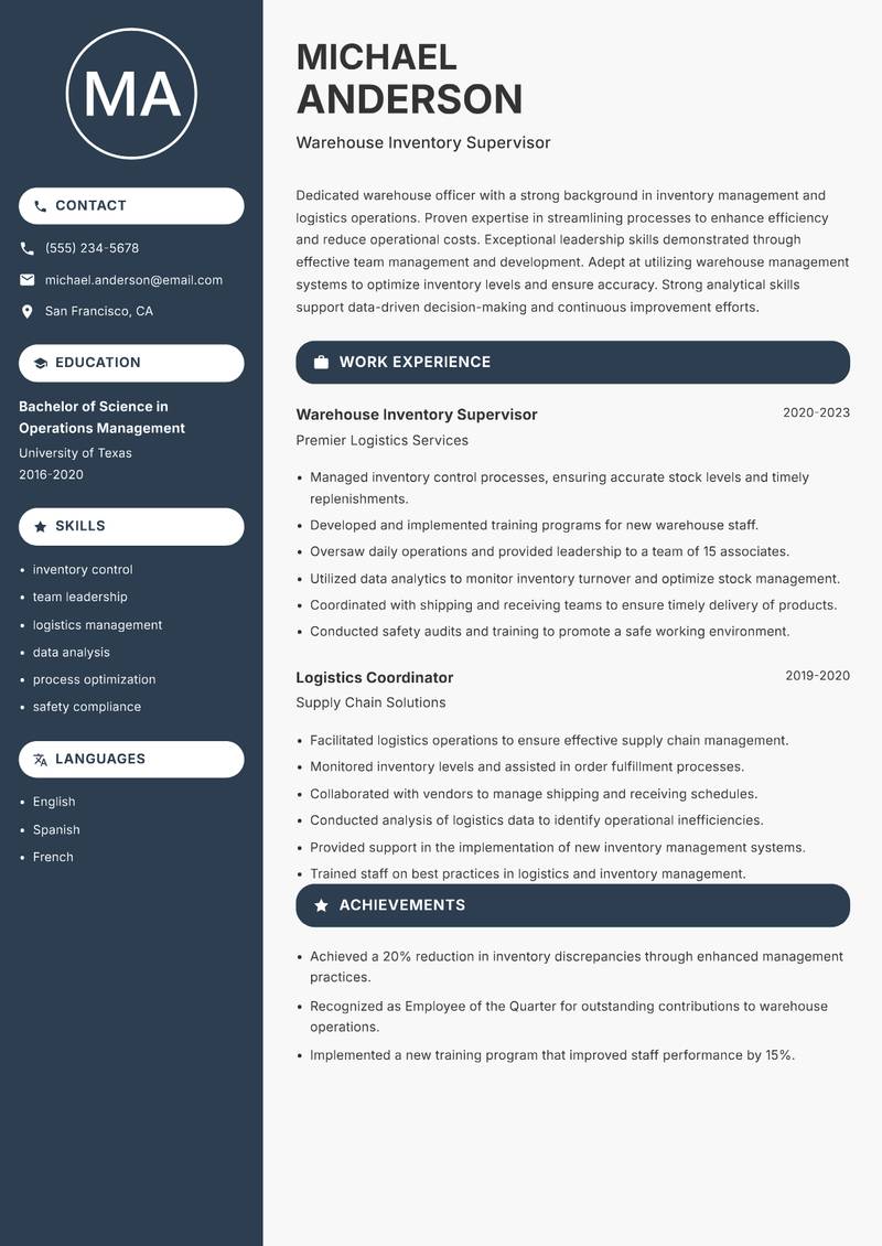 Warehouse Officer resume template — Compact