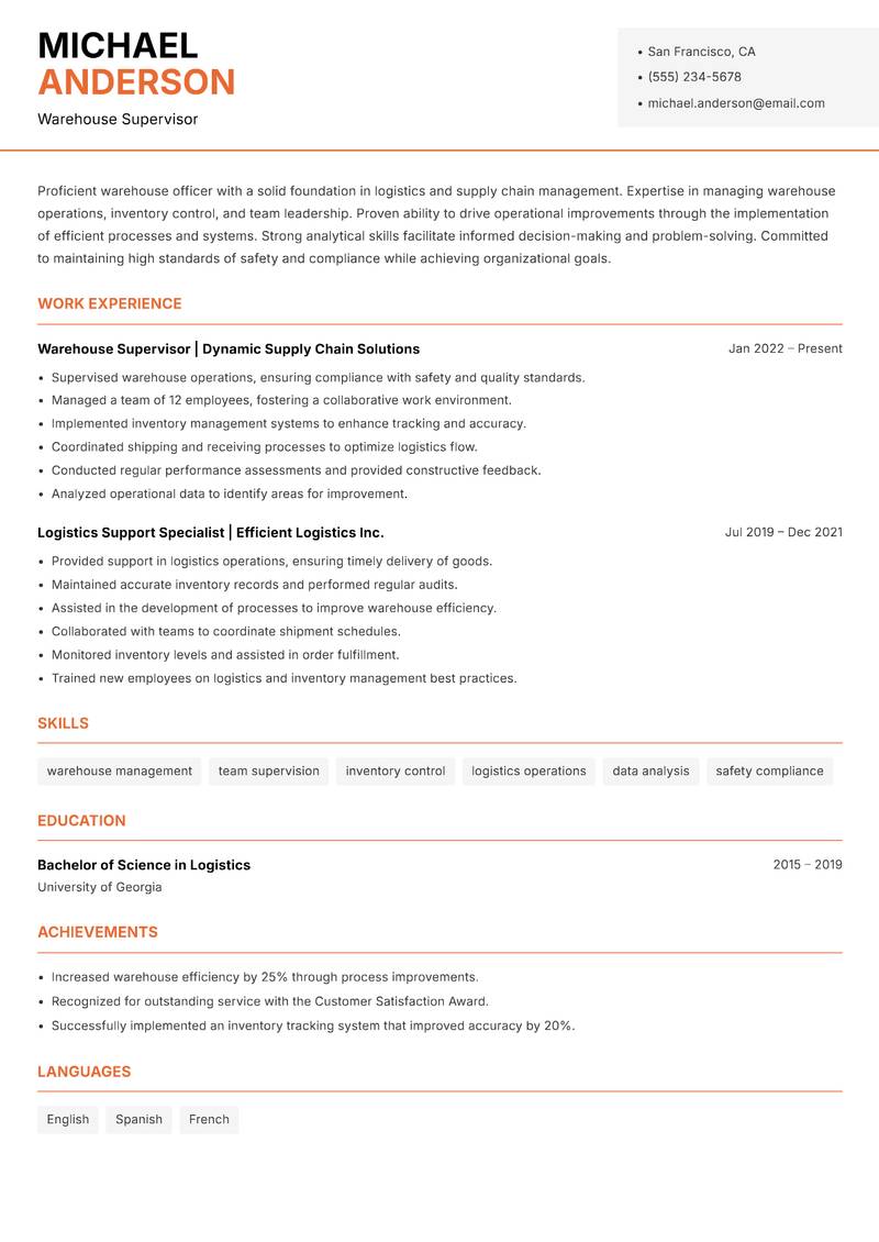 Warehouse Officer resume template — Modern Professional
