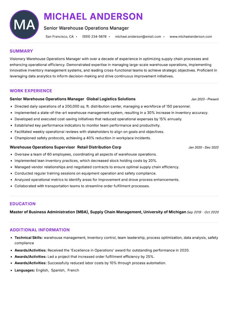 Warehouse Operations Manager resume example — ATS-friendly template