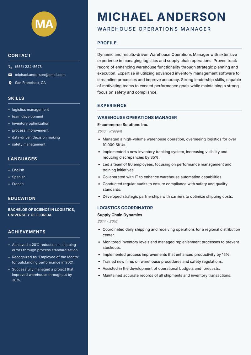 Warehouse Operations Manager resume template — Classic Clean