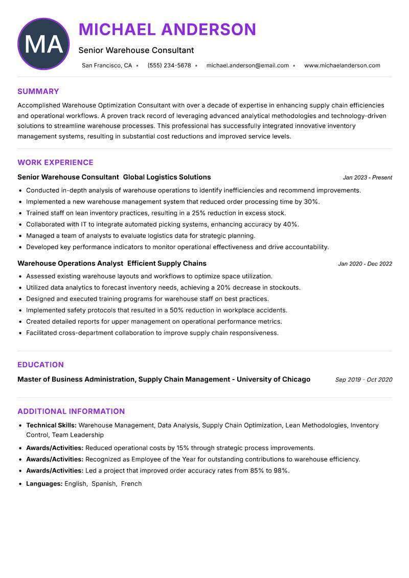 Warehouse Optimization Consultant resume example — ATS-friendly template