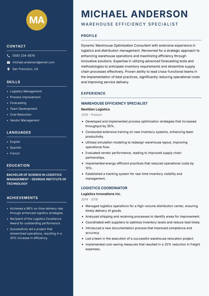 Warehouse Optimization Consultant resume template — Classic Clean