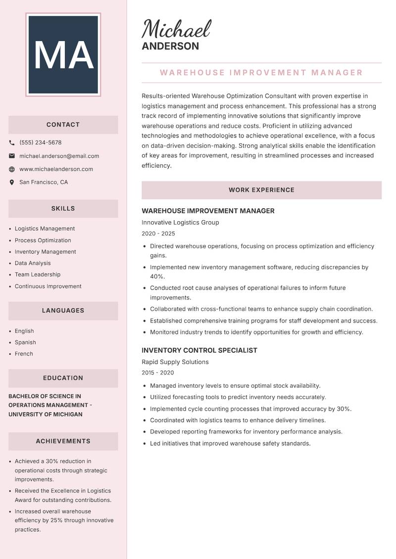 Warehouse Optimization Consultant resume template — Executive