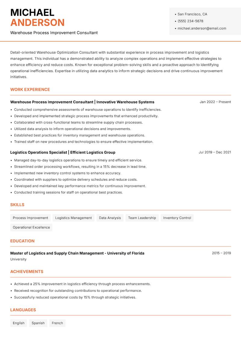 Warehouse Optimization Consultant resume template — Modern Professional