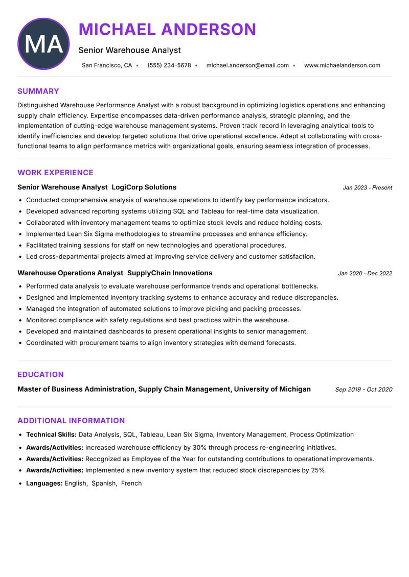 Warehouse Performance Analyst resume example — ATS-friendly template