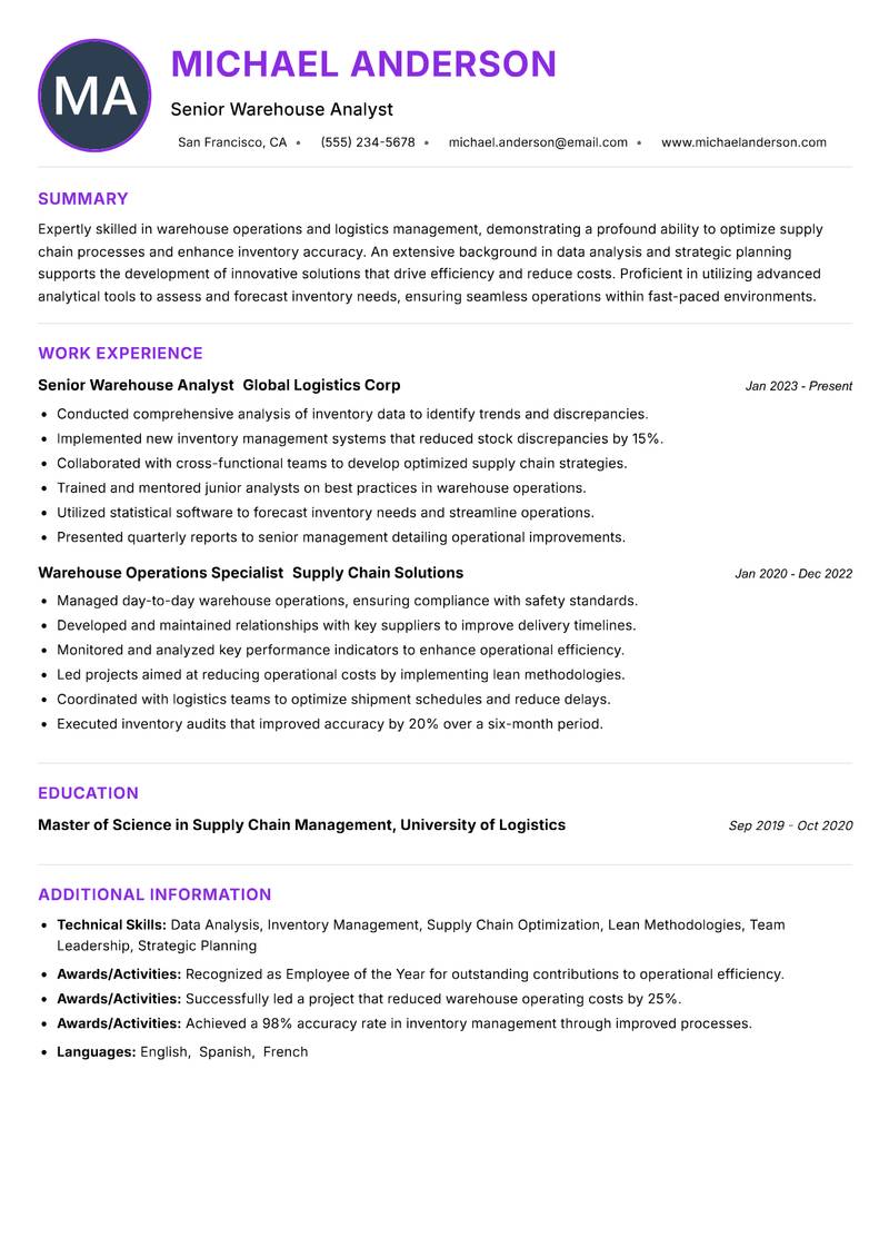 Warehouse Planning Analyst resume example — ATS-friendly template