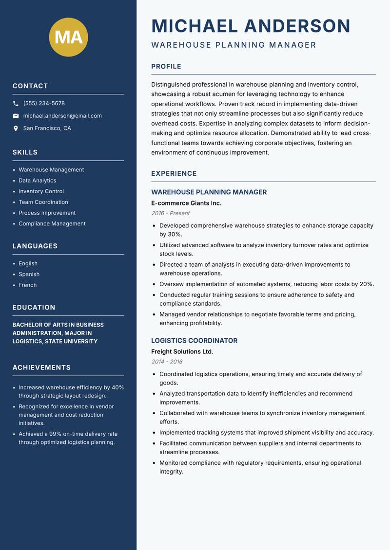 Warehouse Planning Analyst resume template — Classic Clean