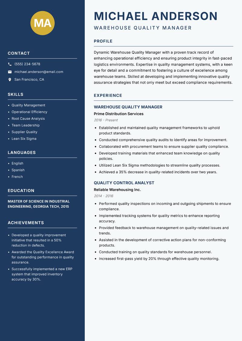 Warehouse Quality Manager resume template — Classic Clean