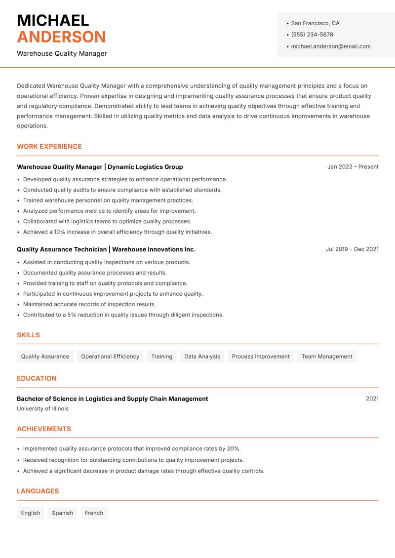 Warehouse Quality Manager resume template — Modern Professional