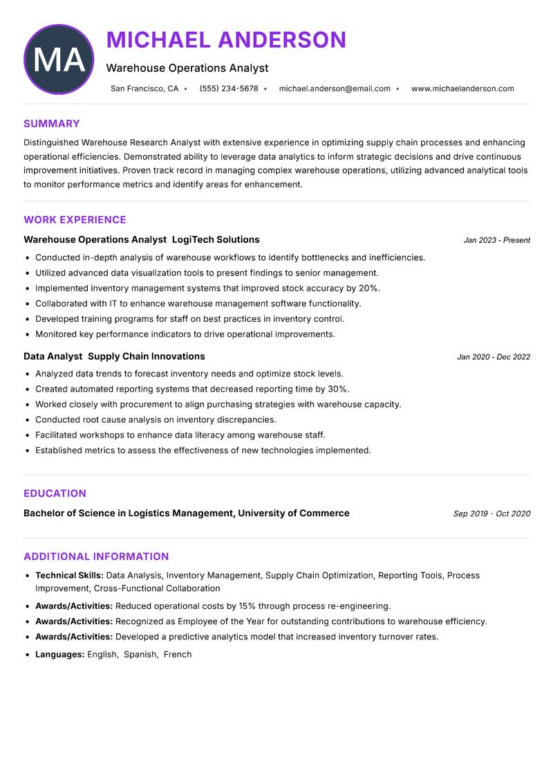 Warehouse Research Analyst resume example — ATS-friendly template